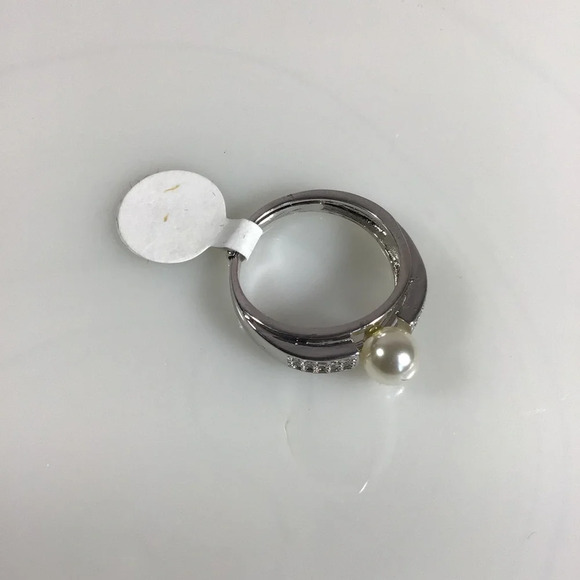 Pearl and Pave Cubic Zirconia Silver Fashion Adjustable Ring - Picture 3 of 4